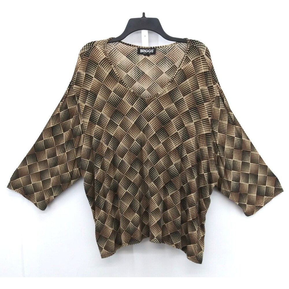Briggs Blouse Women Plus Size 3X Brown Square Geometric 3/4 Sleeve Scoop Neck